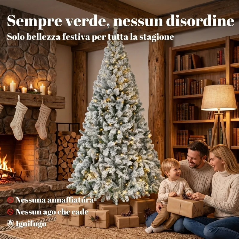HOMCOM Albero di Natale Innevato 200cm con Luci LED 240 Bianco Caldo, 850 Rami, Base Pieghevole, Bianco e Verde