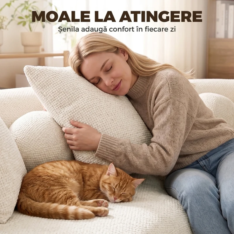HOMCOM Canapea 3 locuri fără cadru, cu șezut amplu și adânc, spătar curbat, 2 perne, chenille, crem