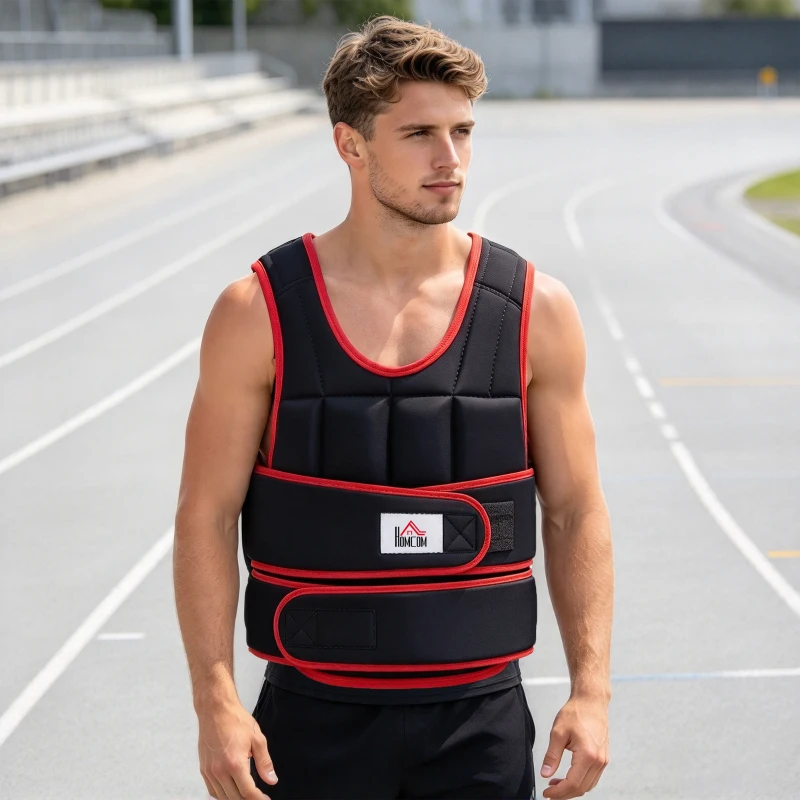 HOMCOM Chaleco Ajustable para Entrenamiento Pesos Individuales hasta 20 kg Cierres de Velcro Doble Cinturón 60x50 cm Negro y Rojo
