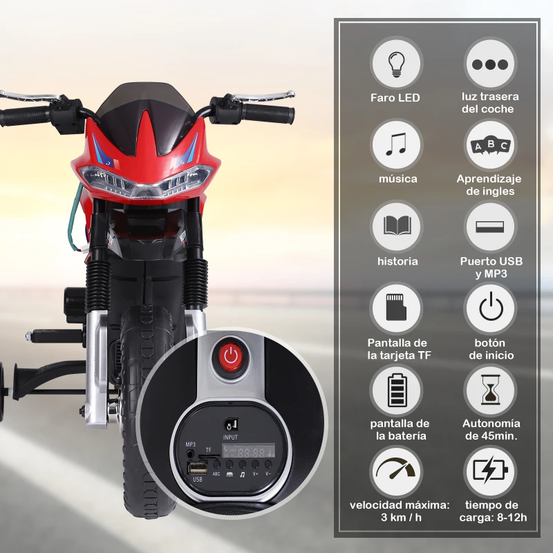 HOMCOM Moto Eléctrica Infantil Moto de Juguete Niños +3 Años Batería 6V con Luces y Música 105x52,3x62,3cm Rojo