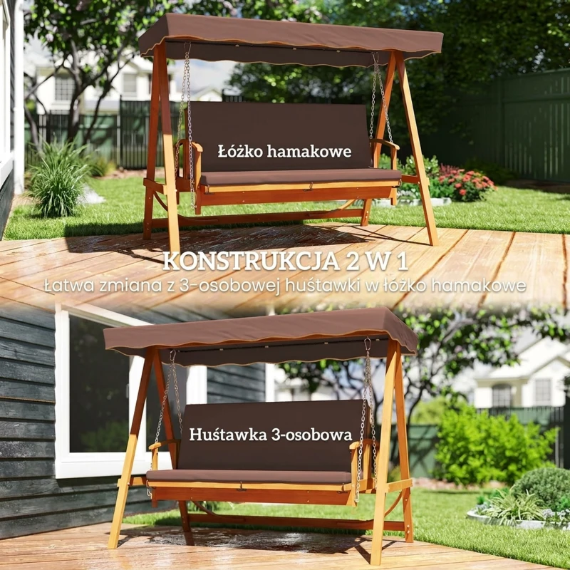 Outsunny Hollywoodschommel met zonnekap echt houten tuinschommel Schommelbank Schommel met ligfunctie van larikshout voor 3 personen