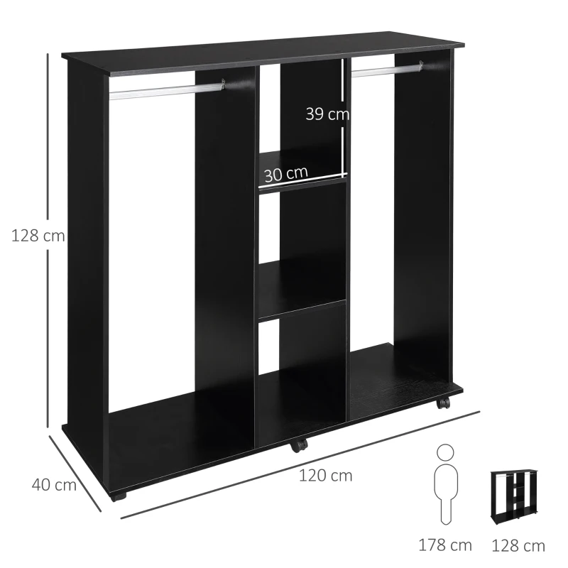 HOMCOM Armoire penderie Meuble de Rangement Mobile 6 roulettes 120L x 40l x 128H cm en bois Noir
