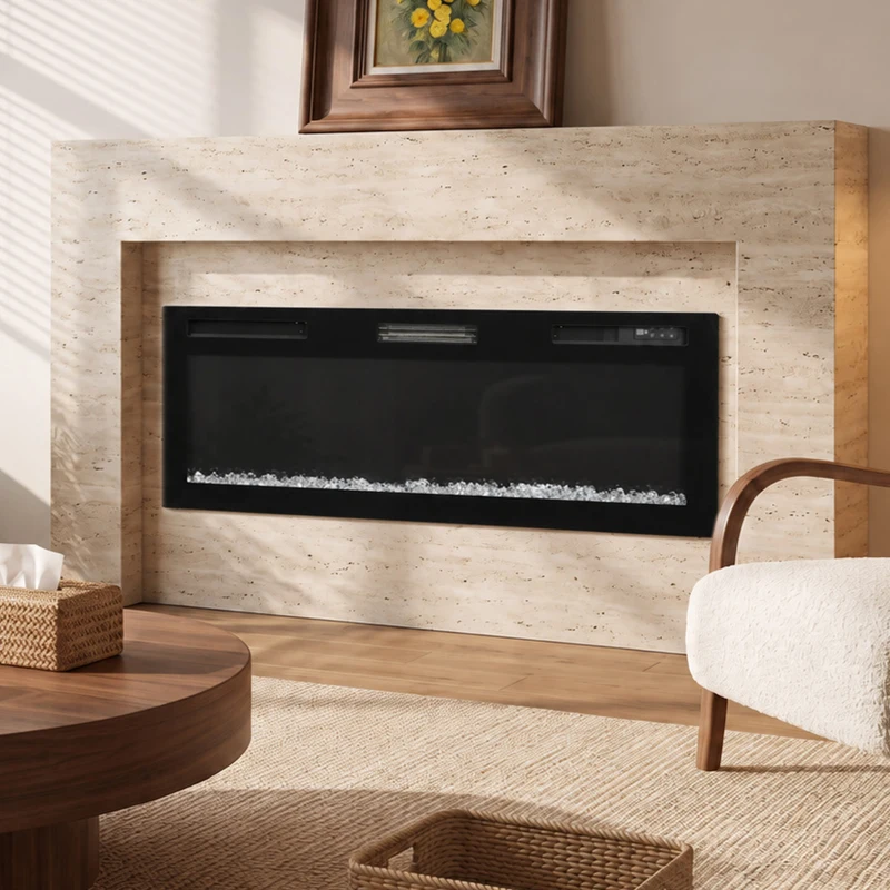 HOMCOM Camino Elettrico da Incasso, Parete e Terra Slim 153 cm con Telecomando, 900/1800W, Timer, 35㎡, Nero