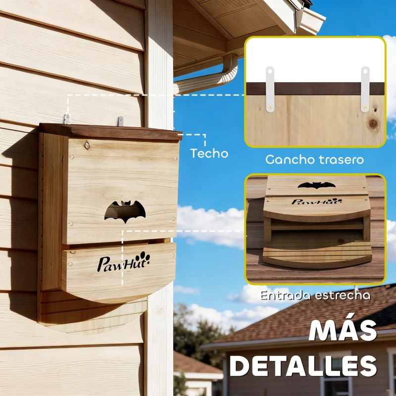 PawHut Pack de 3 Casas para Murciélagos de Madera con 2 Cámaras Plataforma de Aterrizaje Resistente a la Intemperie Natural