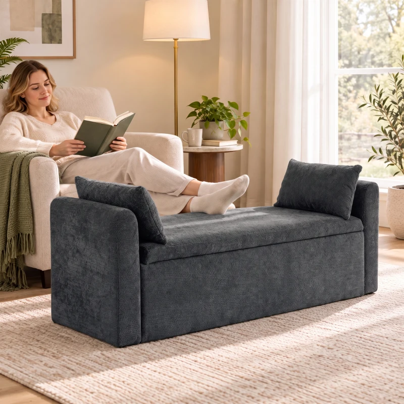 HOMCOM Banco de Almacenaje de Chenilla con Reposabrazos y Cojines Tapa Hidráulica Carga 220 kg 137x45x51 cm, Gris Oscuro