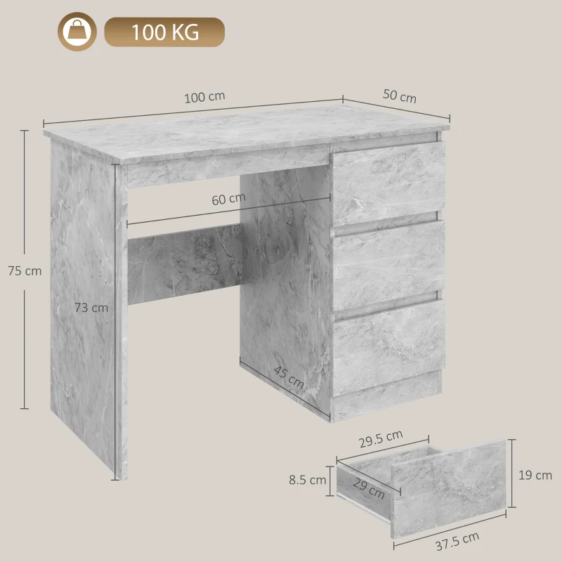 HOMCOM Scrivania Ufficio con 3 Cassetti 100x50 cm, Scrivania Salvaspazio per Studio Casa Ufficio, Grigio Effetto Marmo