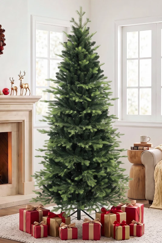 HOMCOM Geneva Fir Hinged Xmas Tree, 7ft/210cm Artificial Christmas Tree with 2079 Branch Tips, Foldable Steel Stand, Green