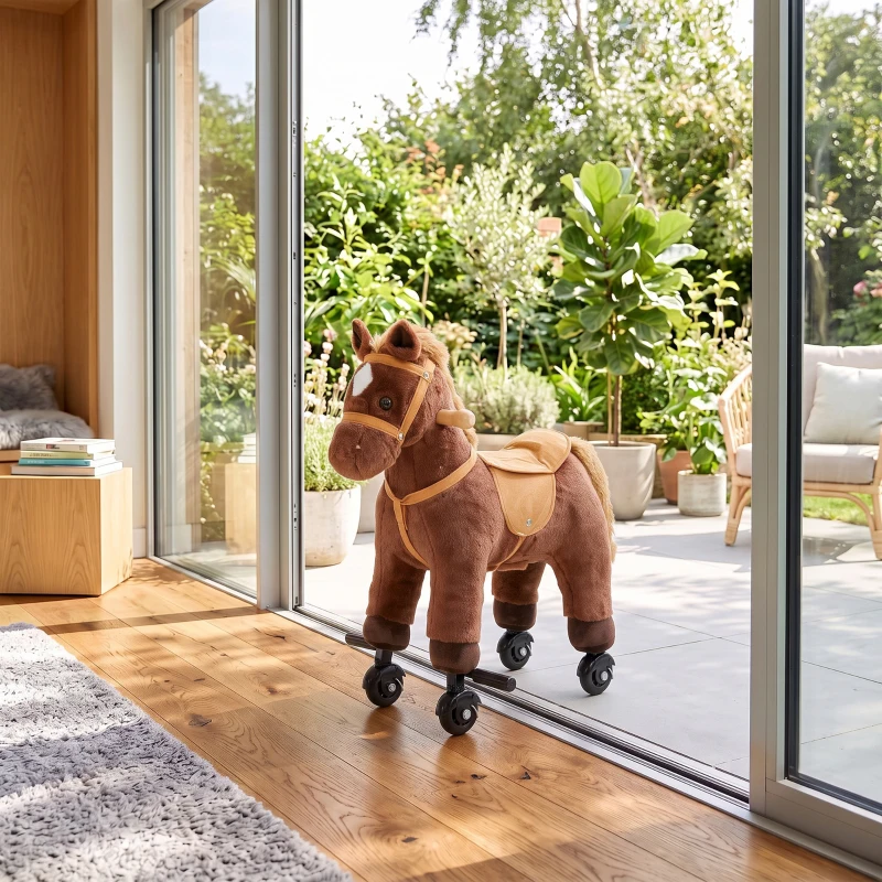 AIYAPLAY Rocking Horse, Plush Ride On Horse with Hoof and Neighing, Rolling Wheels and Pedal for 3-8 Y, Up to 50kg, Dark Brown