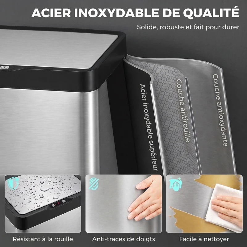 HOMCOM Poubelle de Cuisine Automatique 40 L en Inox, 3 Compartiments, Seaux Intérieurs Amovibles, Fermeture douce, Argenté