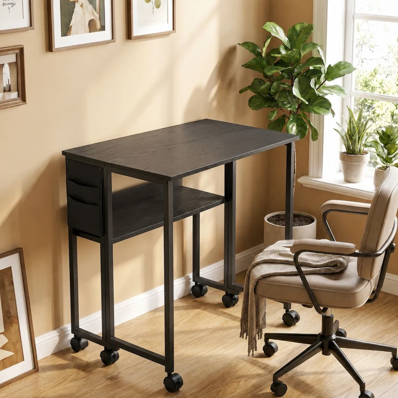 HOMCOM Scrivania Salvaspazio Pieghevole a Ribalta, 63x50x75 cm Scrivania Piccola con Ruote a Freno, Nero