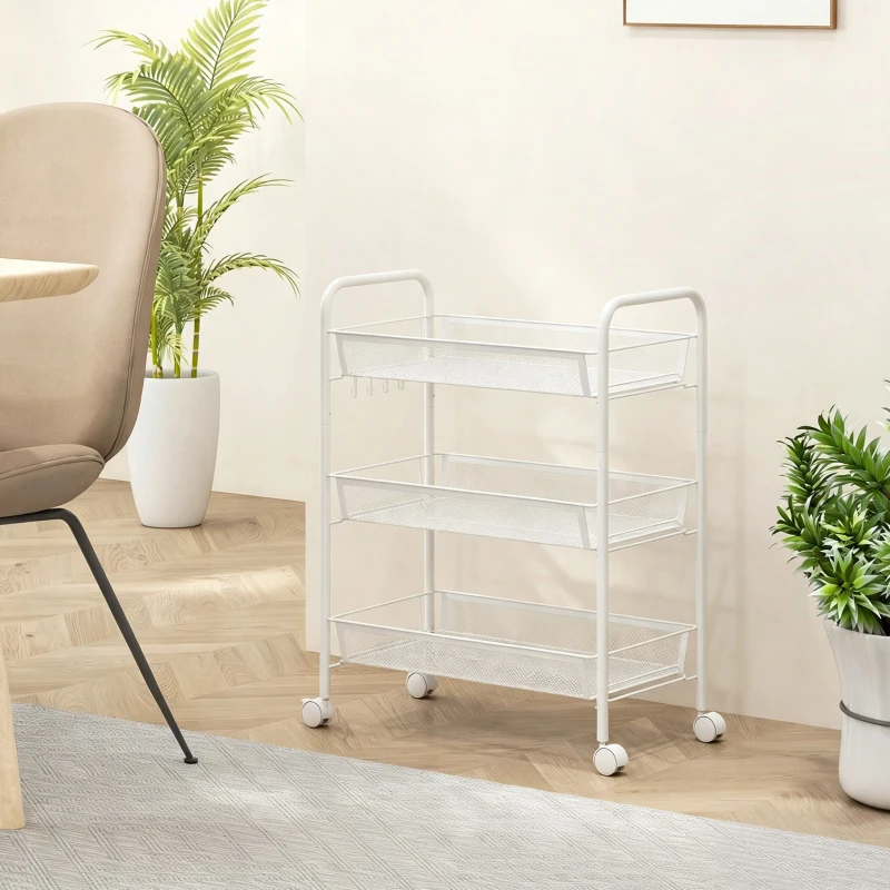 HOMCOM Carrello da Cucina a 3 Livelli con Cesti Removibili e 4 Ruote, in Acciaio e Plastica PP, 41.5Lx26.5x63 cm, Bianco