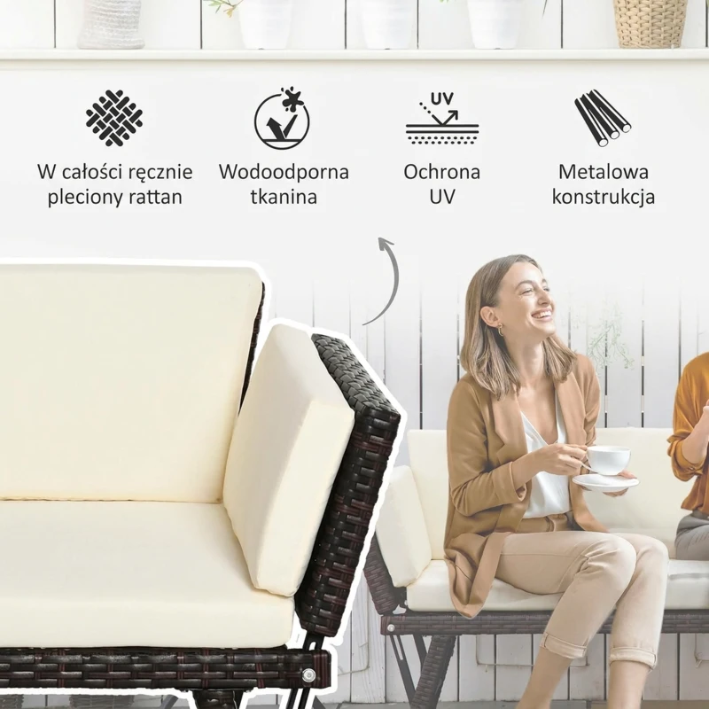 Outsunny 2-osobowa sofa ogrodowa z technorattanu, meble ogrodowe, sofa wypoczynkowa, ławka ogrodowa, leżak ogrodowy, składane podłokietniki, stal, brązowy, 129 x 63 x 67 cm