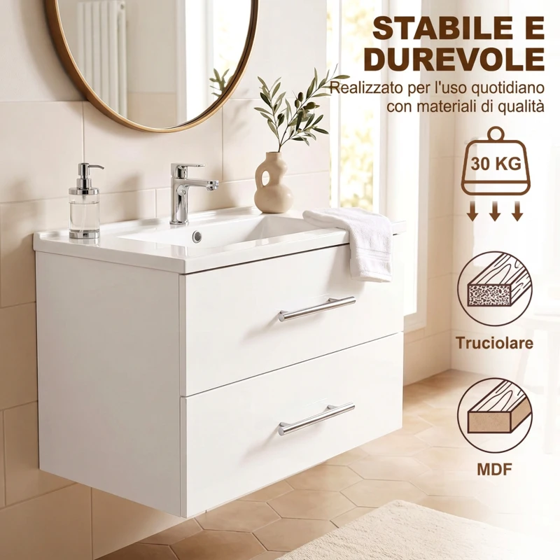 HOMCOM Mobile Bagno Sospeso con Lavabo e 2 Cassetti, Mobiletto Bagno con Lavabo, 61x40x48 cm, Bianco