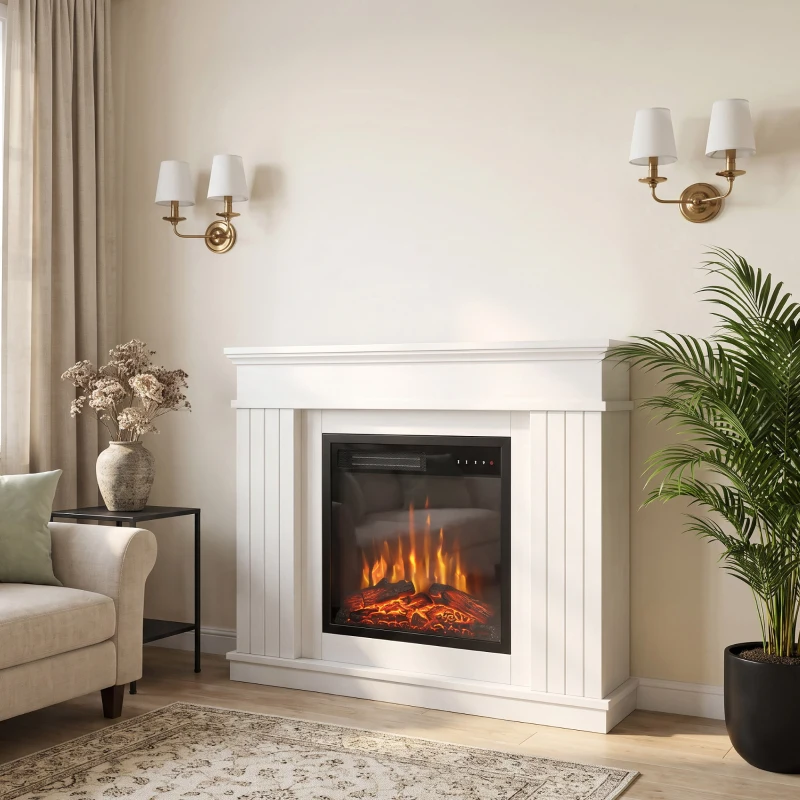 HOMCOM Camino Elettrico da Terra/Incasso con Cornice per TV 38'', 1800W, Effetto Fiamma 3D, Funzione Memory, Bianco