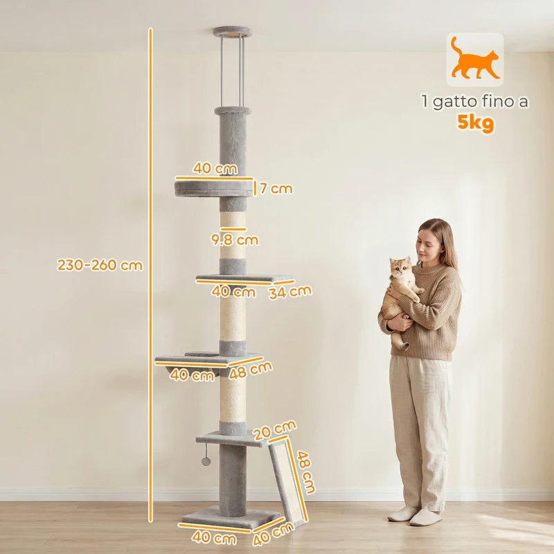 PawHut Tiragraffi per Gatti a Soffitto con Altezza 230-260 cm, 3 Pali Graffiatoi, Amaca, in Peluche, Grigio Chiaro