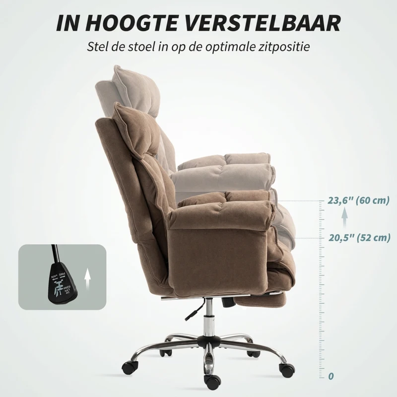 HOMCOM Ergonomische Bureaustoel met Verstelbare Rugleuning en Voetensteun, Zacht Stof, Lichtbruin(m-7)