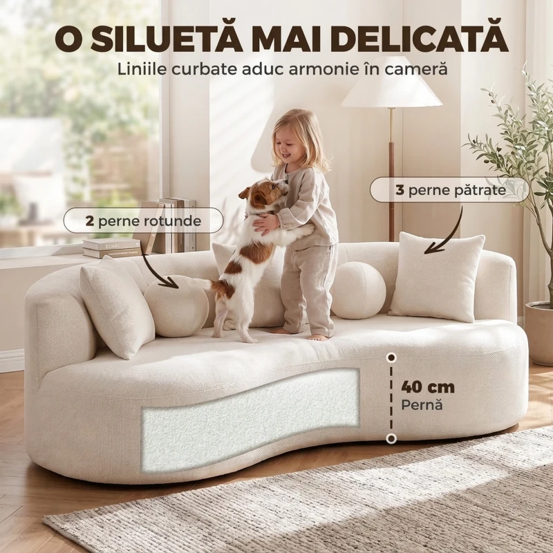 HOMCOM Canapea 3 locuri fără cadru, cu șezut amplu și adânc, spătar curbat, 2 perne, chenille, crem