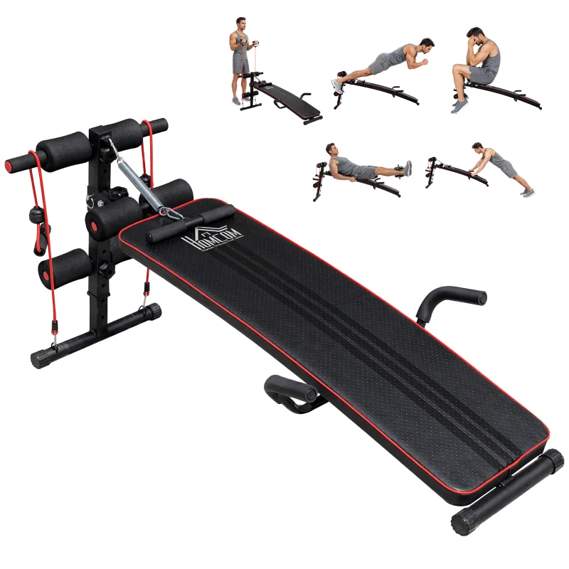 HOMCOM® ŁAWKA SIT UP DO ĆWICZEŃ MIĘŚNI BRZUCHA TAŚMA OPOROWA TRENINGOWA stal + PCV czarny + czerwony 56,5 x 135 x (50–68) cm