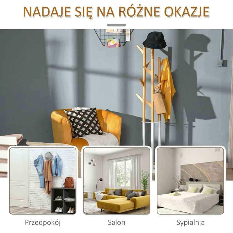HOMCOM wieszak wolnostojący wieszak na ubrania z 13 haczykami nowoczesny stojak na parasole do przedpokoju salonu metal bambus kolor naturalny + biały 30,5 x 30,5 x 174,5 cm