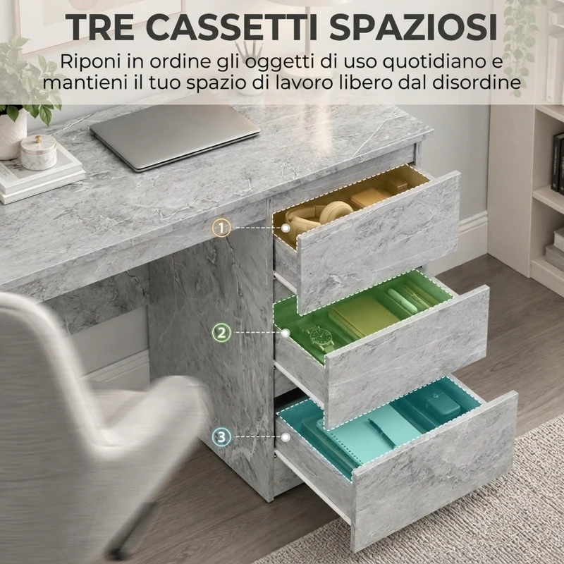 HOMCOM Scrivania Ufficio con 3 Cassetti 100x50 cm, Scrivania Salvaspazio per Studio Casa Ufficio, Grigio Effetto Marmo