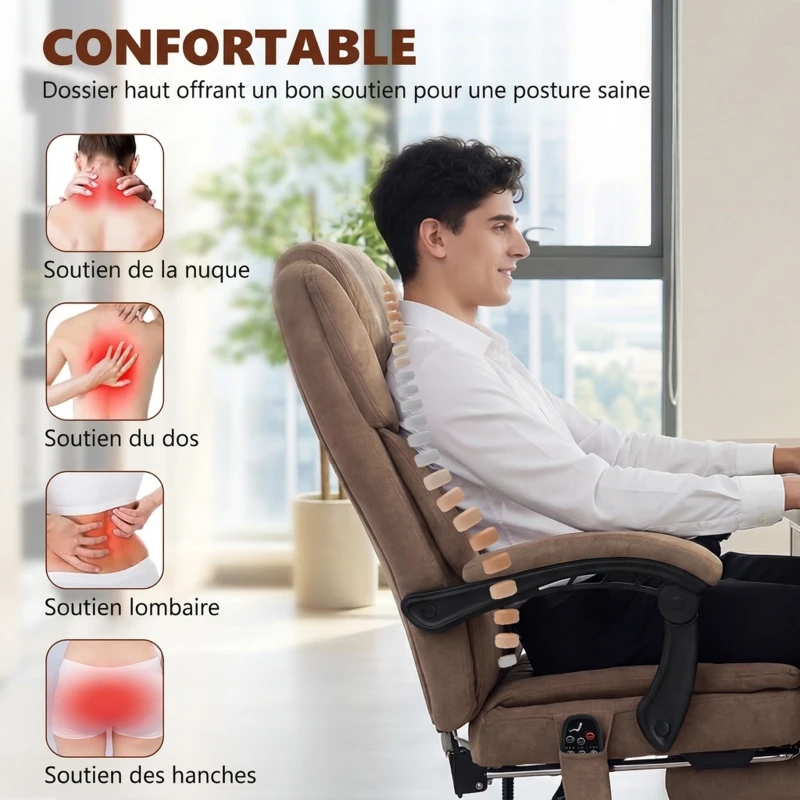 HOMCOM Fauteuil Bureau Massant Vibrant et Chauffant, Chaise Bureau Ergonomique en Velours Imprimé, Dossier Inclinable, Marron