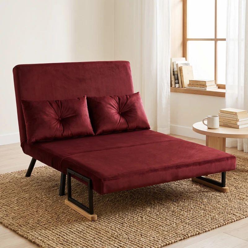 HOMCOM Divano Letto 3 in 1 in Tessuto Effetto Velluto con Schienale Regolabile e 2 Cuscini, 102x73x81 cm, Rosso Vino