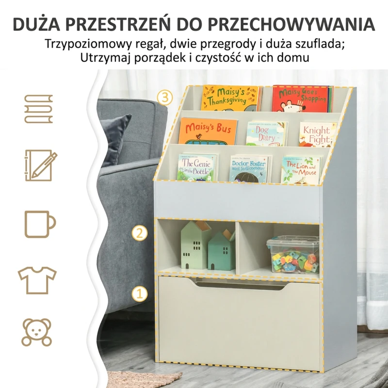 HOMCOM Regał dziecięcy z szufladą, Regał na książki z przegródkami, 60 x 29,9 x 90 cm, Szary