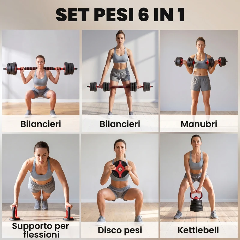 SPORTNOW Set Manubri Regolabili 5 in 1 da 20kg Totali, Set Pesi Palestra Utilizzabile come Kettlebell, Nero e Rosso