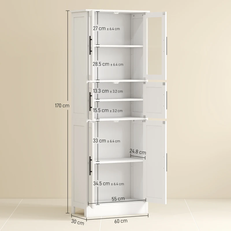 HOMCOM Mobile Bagno Alto Slim 170cm, con Ante in Vetro, Ripiani Regolabili, Moderno, 60x30x170 cm, Bianco
