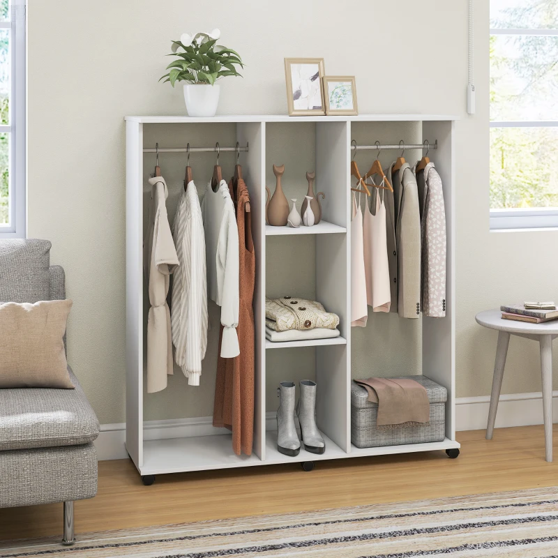 HOMCOM Armoire penderie meuble de rangement mobile 6 roulettes 120 x 40 x 128 cm en bois blanc
