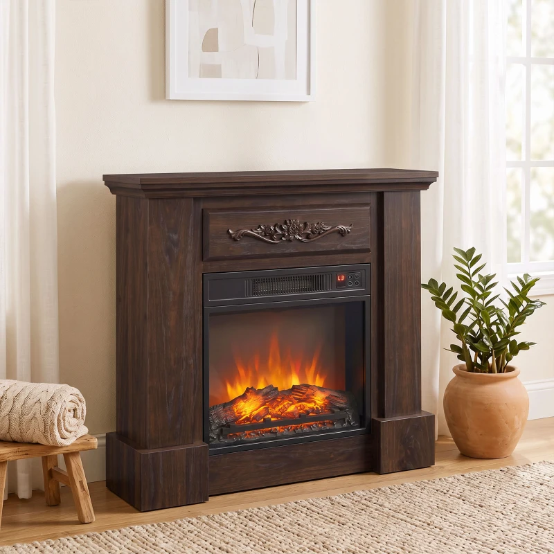 HOMCOM Camino Elettrico da Terra 1800W con Effetto Fiamma, Telecomando, Timer e Temperatura Regolabile, Marrone
