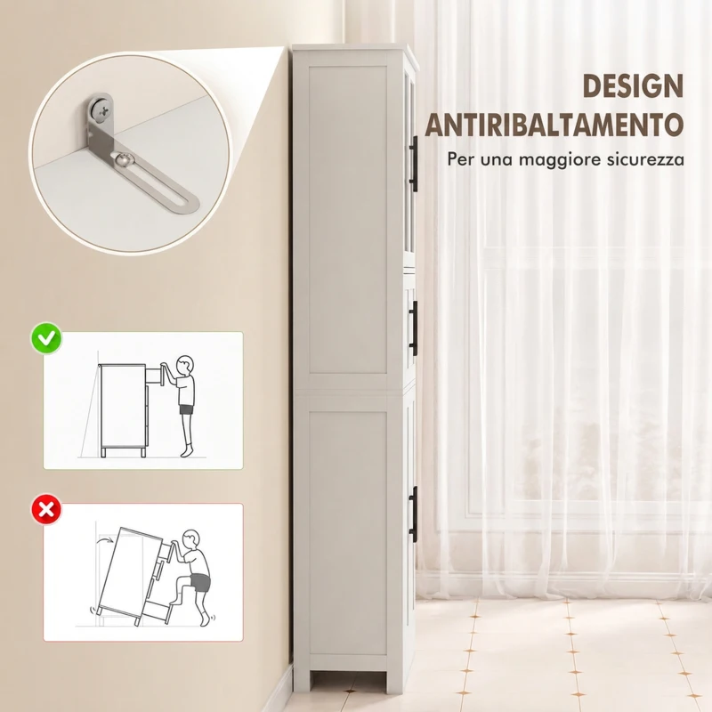 HOMCOM Mobile Bagno Alto Slim 170cm, con Ante in Vetro, Ripiani Regolabili, Moderno, 60x30x170 cm, Bianco