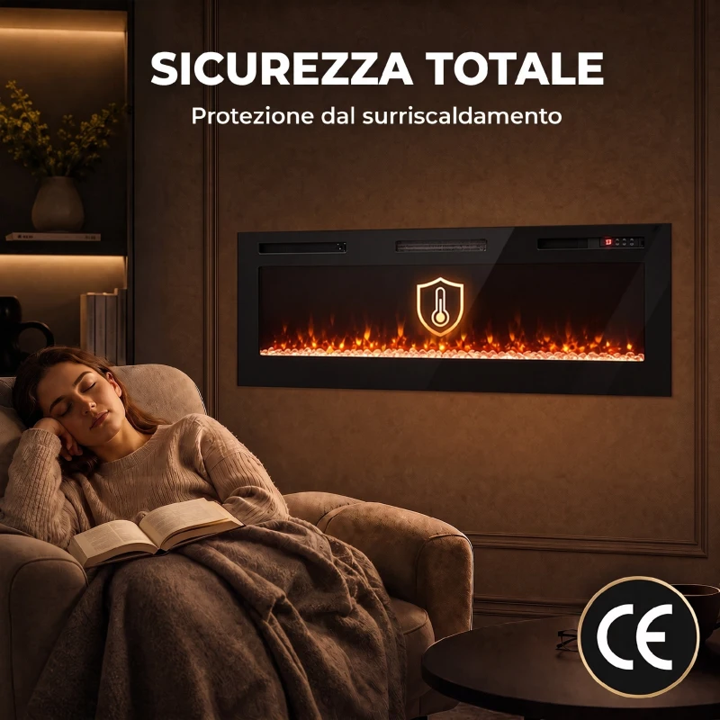 HOMCOM Camino Elettrico da Incasso, Parete e Terra Slim 153 cm con Telecomando, 900/1800W, Timer, 35㎡, Nero