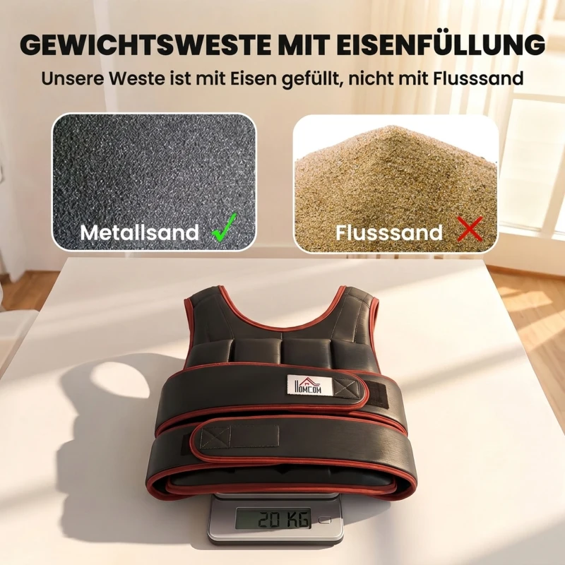 HOMCOM 20 kg Gewichtsweste Trainingsweste mit doppelten Gurten verstellbar Krafttraining Fitness Oxford Metall-Sand Schwarz+Rot 60 x 50 cm