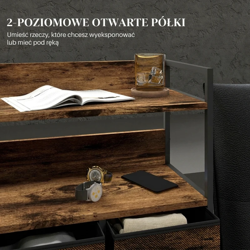 Komoda z 7 szufladami, 2 półki, brązowa, stylowa organizacja