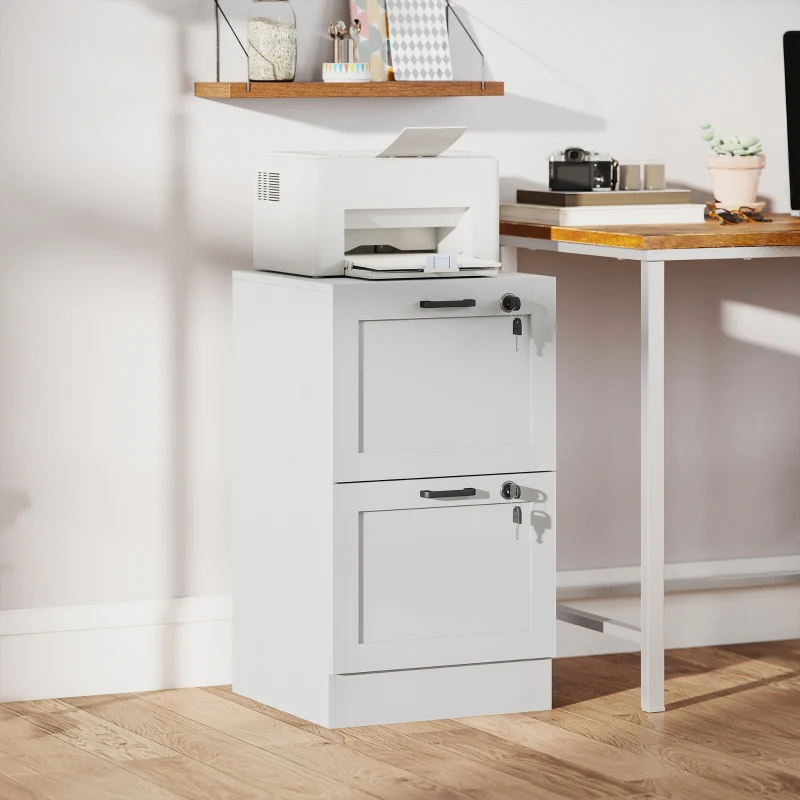 HOMCOM Cassettiera Portadocumenti a 2 Cassetti con Serrature e Spazio per Stampante, in Legno, 40x40x71 cm, Bianco