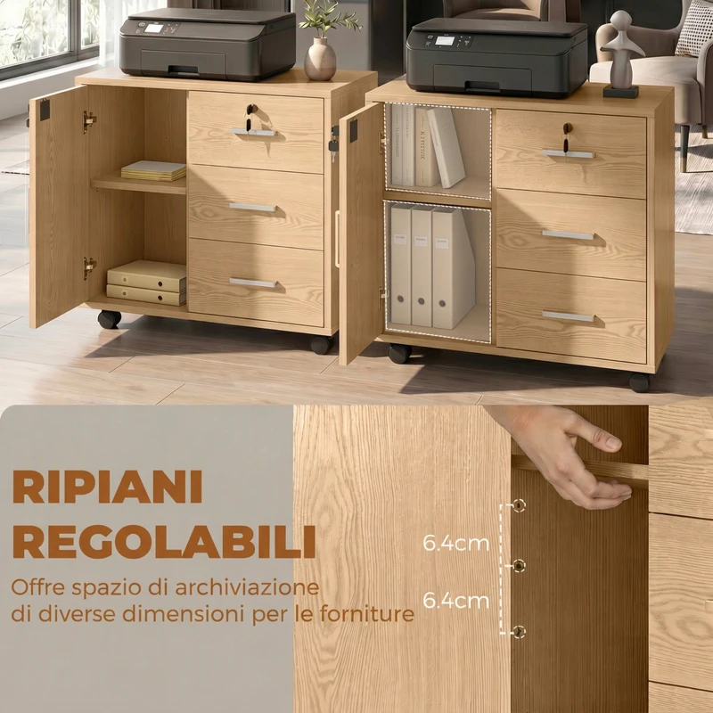 HOMCOM Schedario per Ufficio con 3 Cassetti e Armadietto con 3 Ripiani Regolabili, in Legno, 60x40x56 cm, Marrone Chiaro