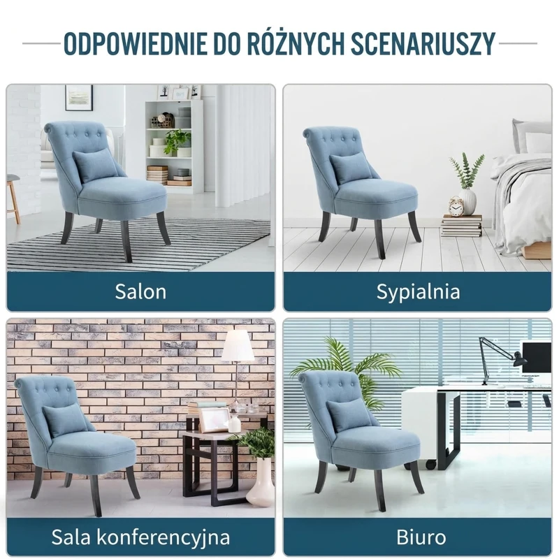 HOMCOM Nowoczesny Fotel Skandynawski z Poduszką Wygodny Fotel Wypoczynkowy Lniany do Biura, Hotelu i Salonu Niebieski 52,5cm x 69cm x 77cm