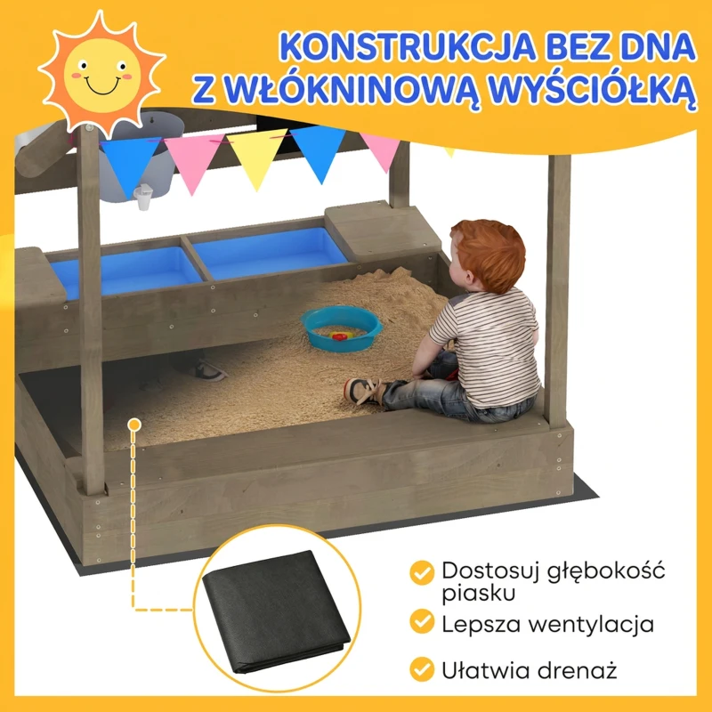 Piaskownica z dachem, drewniana, dla dzieci 3-7 lat, szara