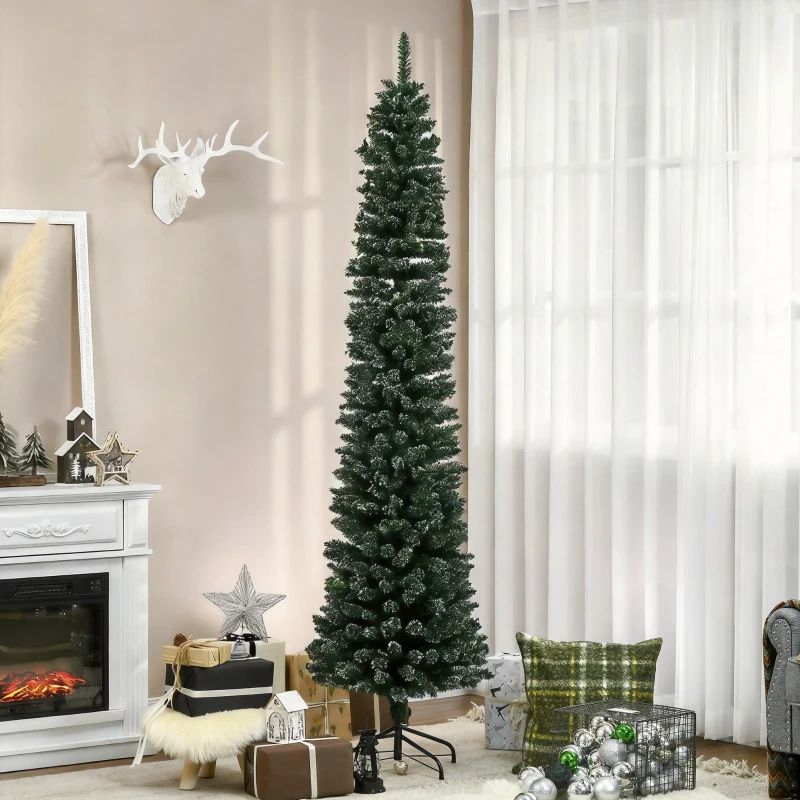 HOMCOM Albero di Natale Slim con 624 Rami, Albero di Natale Innevato Artificiale Alto e Stretto con Base Rimovibile