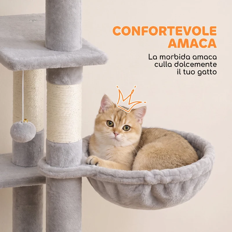 PawHut Albero Tiragraffi Multilivello 152 cm con 4 Pali per Gatti da Interno, Amaca, Cuccia e Scala, Grigio Chiaro