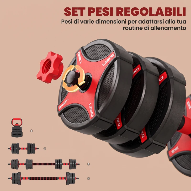 SPORTNOW Set Manubri Regolabili 5 in 1 da 30kg Totali, Set Pesi Palestra Utilizzabile come Kettlebell, Nero e Rosso