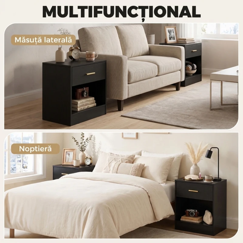 HOMCOM Set 2 Noptiere Moderne din Lemn cu Sertar și Poliță Deschisă, 39x28x41 cm, Negru