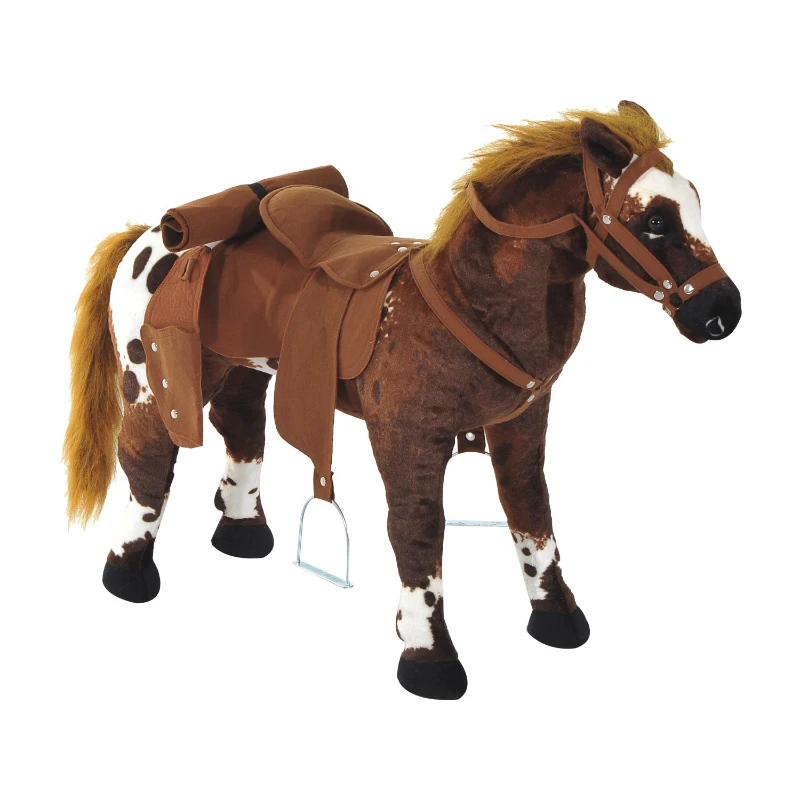 HOMCOM Reitpferd Spielpferd zum Reiten Stehpferd mit Sattel, Sound, Steigbügel Plüschpferd für Kinder ab 2 Jahren Braun
