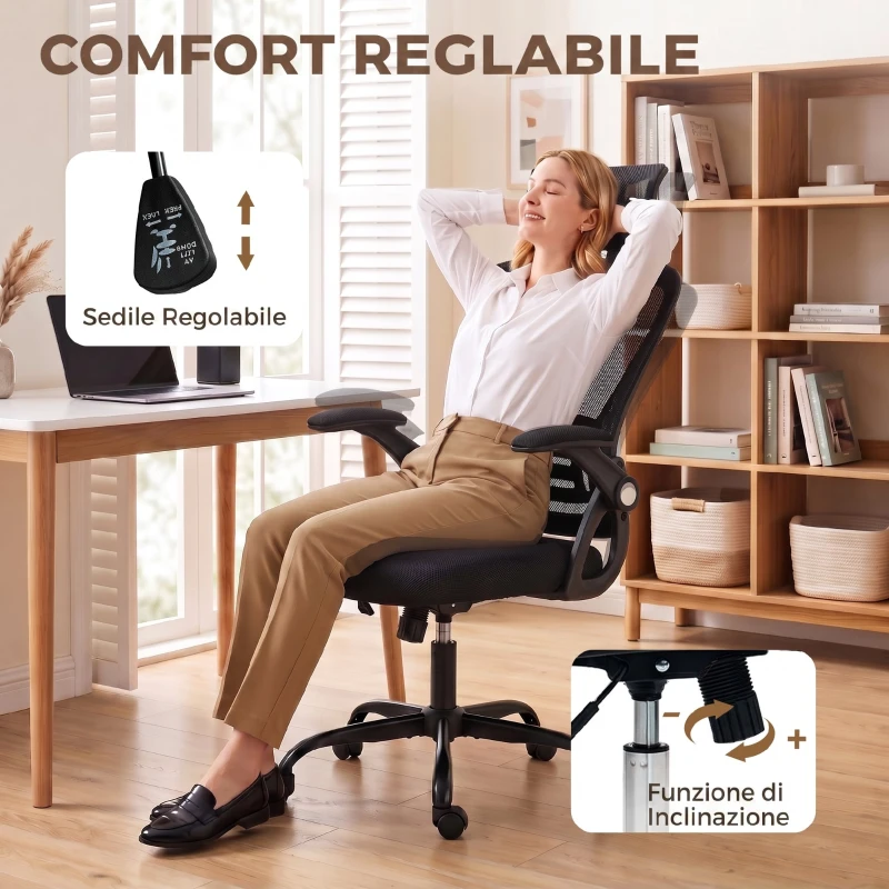 HOMCOM Sedia Ufficio Ergonomica con Braccioli Ribaltabili, Poggiatesta e Altezza Regolabili, in Rete Traspirante, Nero