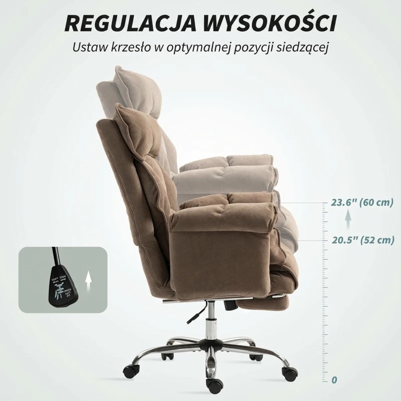 HOMCOM Krzesło biurowe ergonomiczne z podwójnym wyściełaniem, podnóżkiem, regulowanym krzesłem obrotowym, tapicerowane krzesło komputerowe, Jasnobrązowe