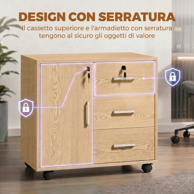 HOMCOM Schedario per Ufficio con 3 Cassetti e Armadietto con 3 Ripiani Regolabili, in Legno, 60x40x56 cm, Marrone Chiaro