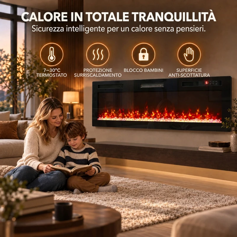 HOMCOM Camino Elettrico da Incasso, Parete e Terra Slim 153 cm con Telecomando, 900/1800W, Timer, 35㎡, Nero