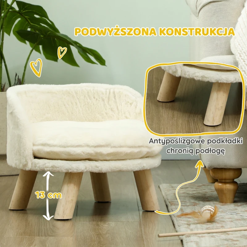 PawHut Sofa dla psa z poduszką, drewniane nogi, zmywalne podwyższone łóżko dla zwierząt, sofa dla kotów i miniaturowych psów, 40,5 x 40,5 x 33 cm, kremowa
