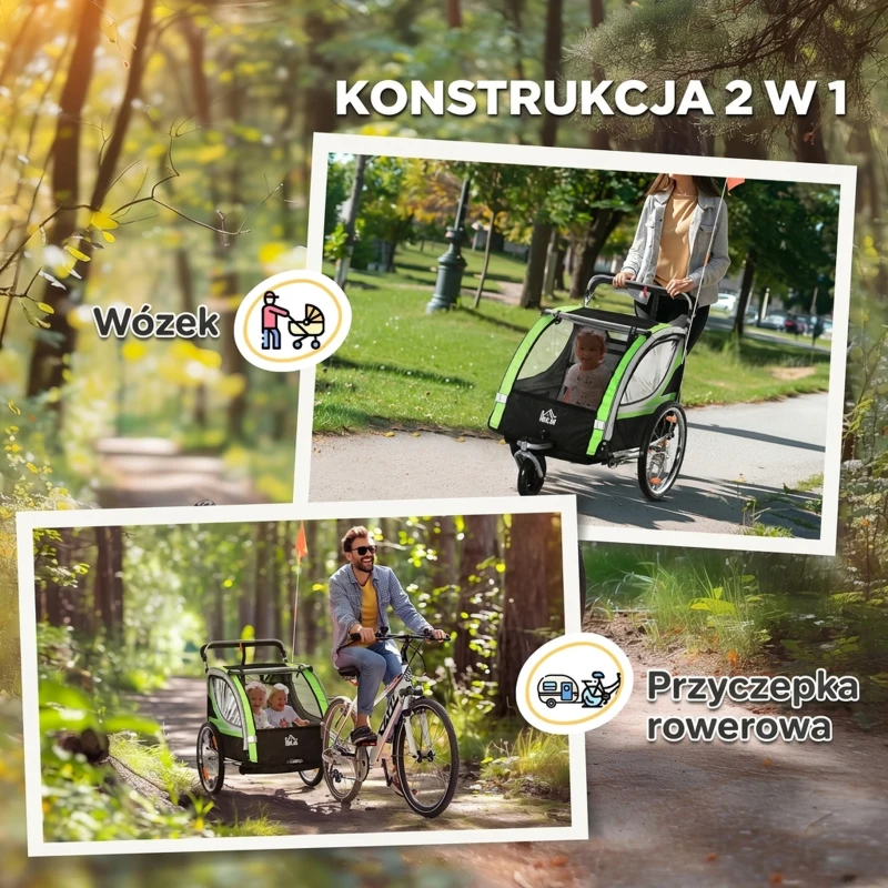 HOMCOM Przyczepa rowerowa 2w1 dla 2 dzieci, funkcja pchania, osłona przeciwdeszczowa, hamulec, Zielony